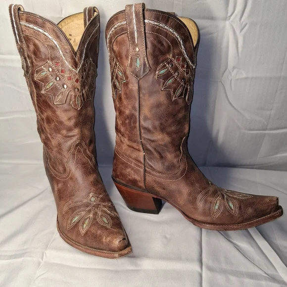 Tony Lama Brown Leather Western Heeled Boots with Turquoise & Red Accents - Picture 1 of 5